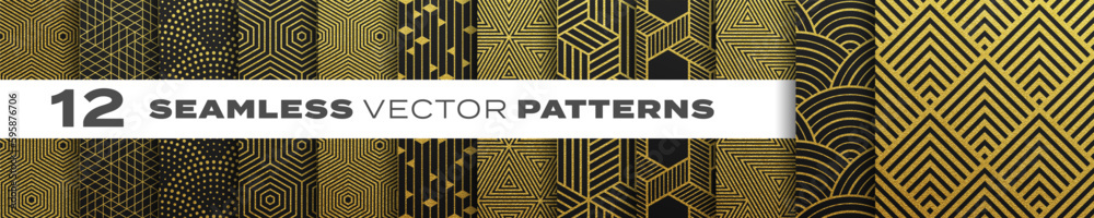 Poster Seamless gold patterns vector set, abstract geometric shape backgrounds. Creative design golden patterns with retro, modern, trendy texture