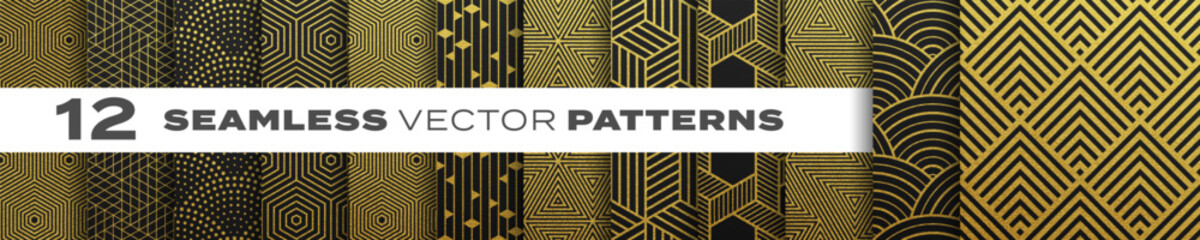 Seamless gold patterns vector set, abstract geometric shape backgrounds. Creative design golden patterns with retro, modern, trendy texture - 595876706