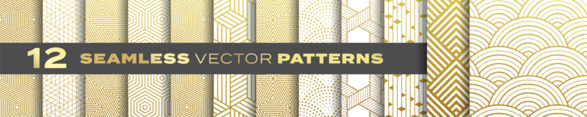 Seamless gold patterns vector set, abstract geometric shape backgrounds. Creative design golden patterns with retro, modern, trendy texture - 595876712