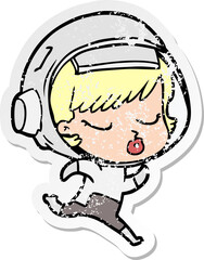 distressed sticker of a cartoon pretty astronaut girl running