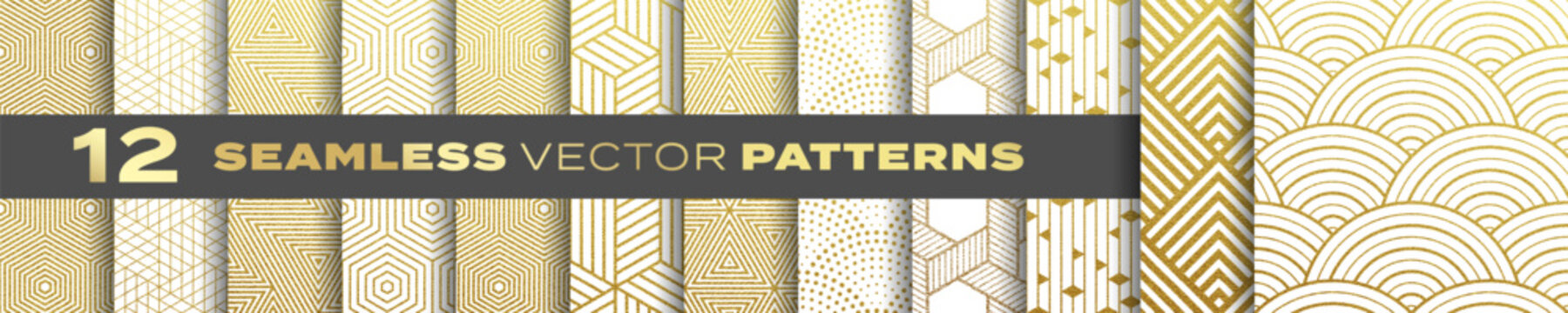 Seamless gold patterns vector set, abstract geometric shape backgrounds. Creative design golden patterns with retro, modern, trendy texture
