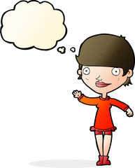 cartoon waving woman with thought bubble