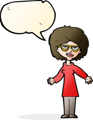 cartoon woman wearing glasses with speech bubble