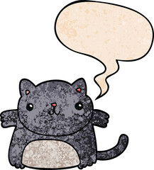 cartoon cat with speech bubble in retro texture style