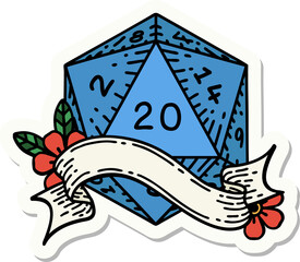 sticker of a natural twenty D20 dice roll