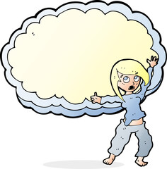 cartoon stressed woman in front of cloud with space for text