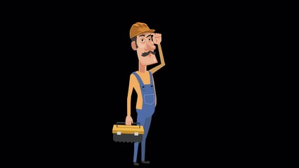Cartoon foreman worker in helmet character with tool box scratching his head and thinking gesture animation with alpha channel