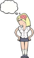 cartoon intelligent woman with thought bubble