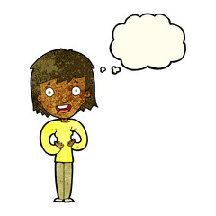 cartoon happy woman with thought bubble