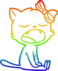 rainbow gradient line drawing of a cartoon yawning cat