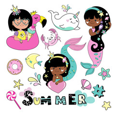 Cute summer little girl set with mermaid and fish. Summer concept. Vector illustration for children. Flat style