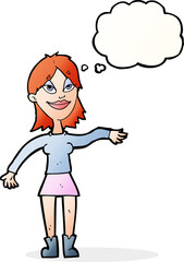 cartoon woman making hand gesture with thought bubble