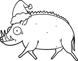 hand drawn line drawing of a wild boar wearing santa hat