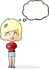 cartoon happy woman with folded arms with thought bubble
