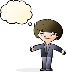 cartoon smug boy with thought bubble
