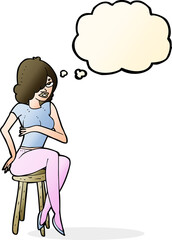 cartoon woman sitting on bar stool with thought bubble