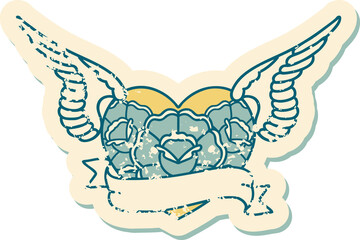 iconic distressed sticker tattoo style image of a flying heart with flowers and banner