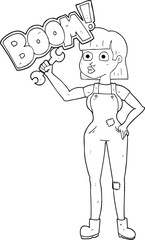 freehand drawn black and white cartoon mechanic woman