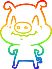 rainbow gradient line drawing of a nervous cartoon pig