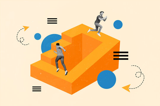 Creative collage picture of two mini black white gamma people run endless cycle use smart phone isolated on beige background