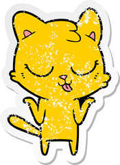 distressed sticker of a cartoon cat shrutting shoulders