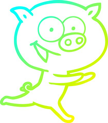 cold gradient line drawing of a cheerful pig cartoon