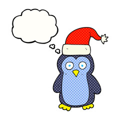 freehand drawn thought bubble cartoon christmas penguin