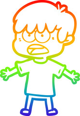 rainbow gradient line drawing of a worried cartoon boy