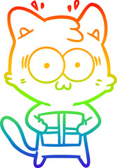 rainbow gradient line drawing of a cartoon surprised cat with christmas present