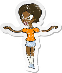 retro distressed sticker of a cartoon woman with arms spread wide