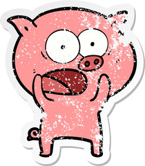 distressed sticker of a cartoon pig shouting