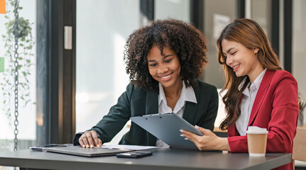 Two business people talk project strategy at office meeting room. Businessman discuss project...