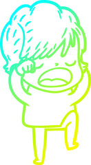 cold gradient line drawing of a cartoon woman talking