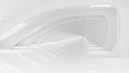 White futuristic tunnel with windows. Modern style abstract 3d rendered background.