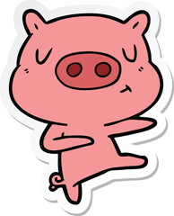 sticker of a cartoon content pig dancing