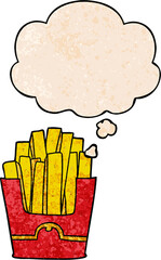 cartoon fries with thought bubble in grunge texture style