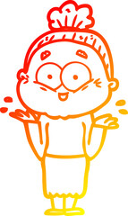 warm gradient line drawing of a cartoon happy old woman