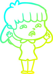 cold gradient line drawing of a cartoon worried woman