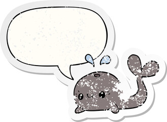 cute cartoon whale with speech bubble distressed distressed old sticker