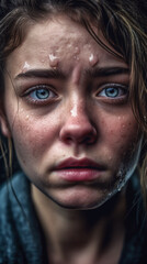 Close-up portrait of a young woman with sad face expression - ai generative