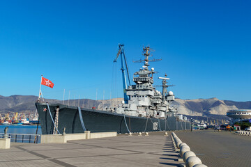 Cruiser Mikhail Kutuzov the famous sightseeing of Novorossiysk. Warship is museum ship now. Novorossiysk, Russia - December 20, 2022 - obrazy, fototapety, plakaty