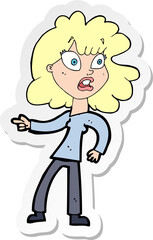 sticker of a cartoon worried woman pointing