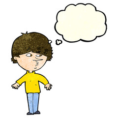 cartoon suspicious man looking over shoulder with thought bubble