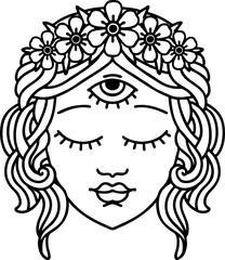 tattoo in black line style of female face with third eye and crown of flowers