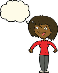 cartoon excited woman with thought bubble