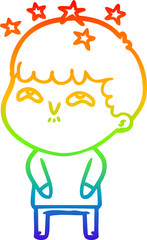 rainbow gradient line drawing of a cartoon amazed boy