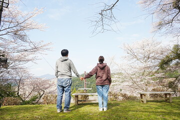 Couple Holding Hands over Pink Sakura or Cherry Blossoms Flower Background. Yoshino-yama or Mount Yoshino in Nara, Japan. Image of Spring Season  - 日本 奈良 吉野山 桜 手をつなぐカップル