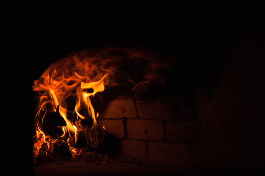 Oven with burning fire. Close-up, Background
