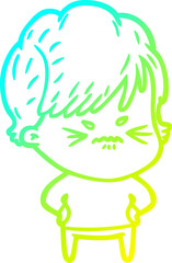 cold gradient line drawing of a cartoon frustrated woman