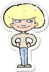 retro distressed sticker of a cartoon boy with hands on hips